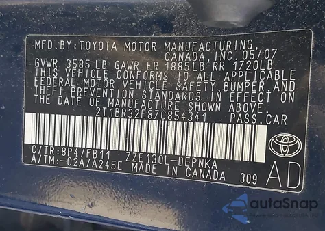 2007 Toyota Corolla Le z USA, uszkodzony, nr VIN 2T1BR32E87C854341